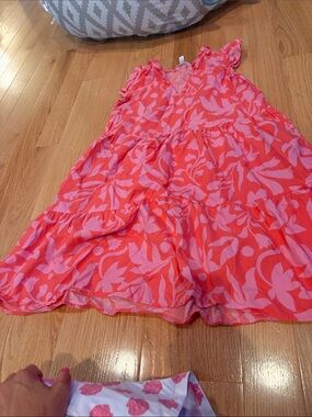 Time and Tru Coral and Light Pink Floral Tiered Sundress